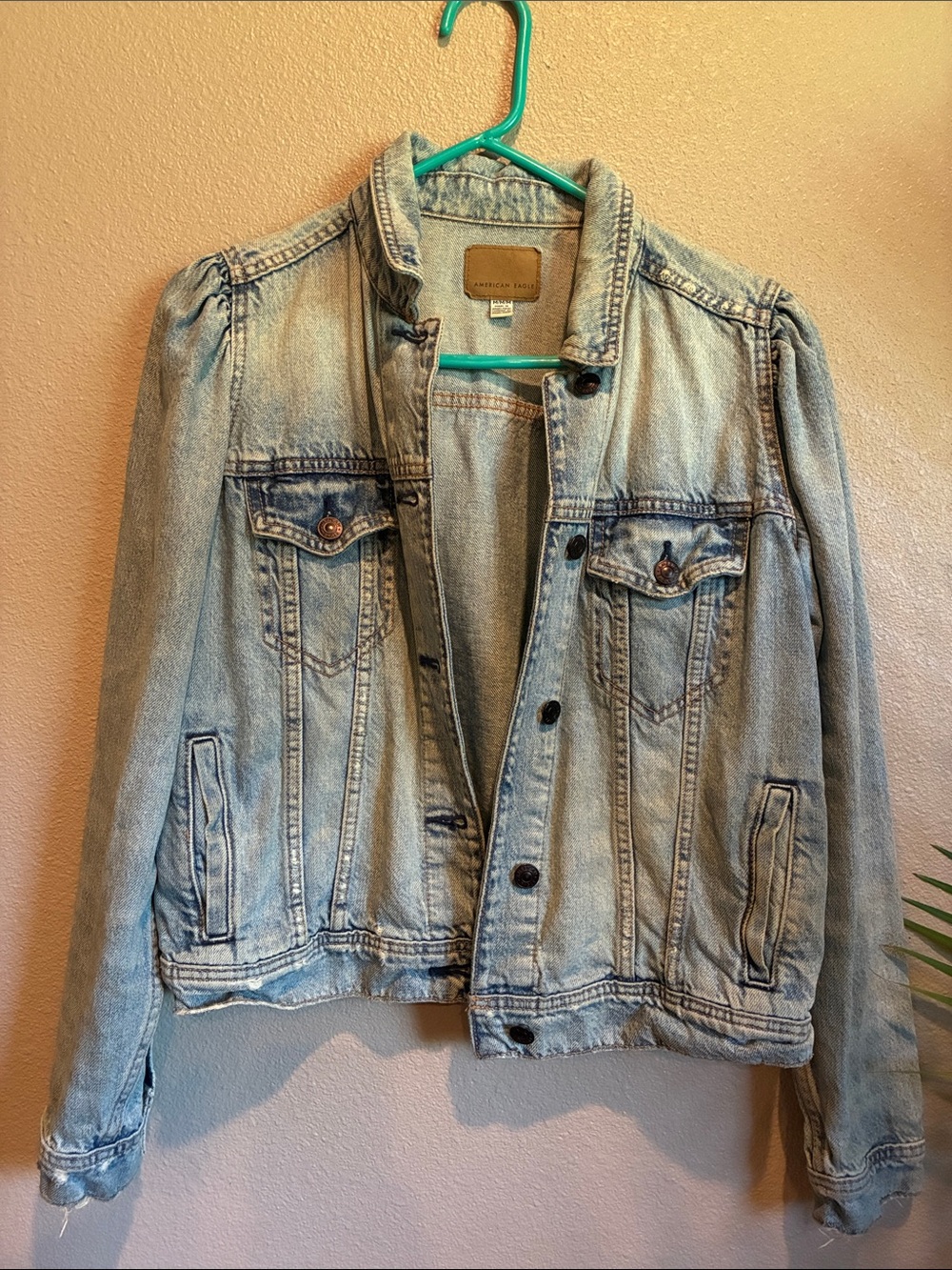American Eagle Outfitters Light Blue Denim Jacket with Puff Shoulders